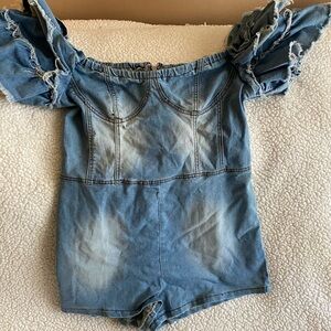 Denim Off-Shoulder Ruffle Romper - Light Blue